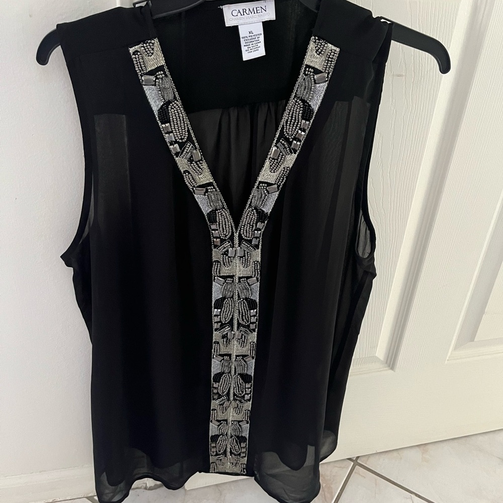 Carmen Marc Valvo Black Asymmetrical Embellished Blouse